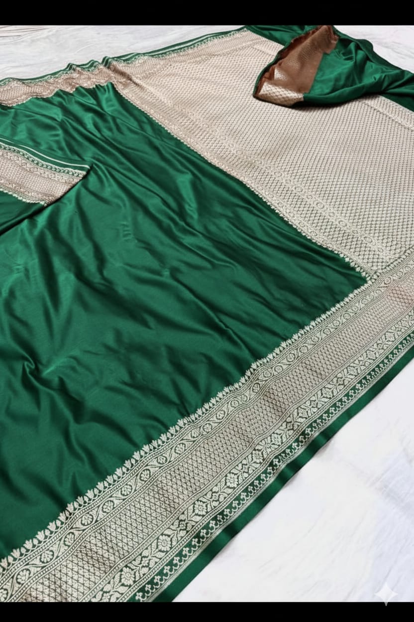 Green Mashru Katan Silk Zari Border Anchal Plain Body Saree