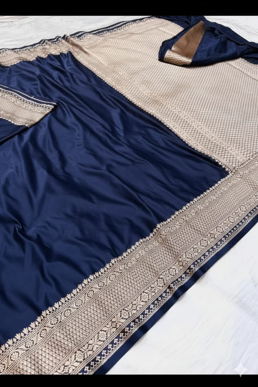 Navy Blue Mashru Katan Silk Zari Border Anchal Plain Body Saree