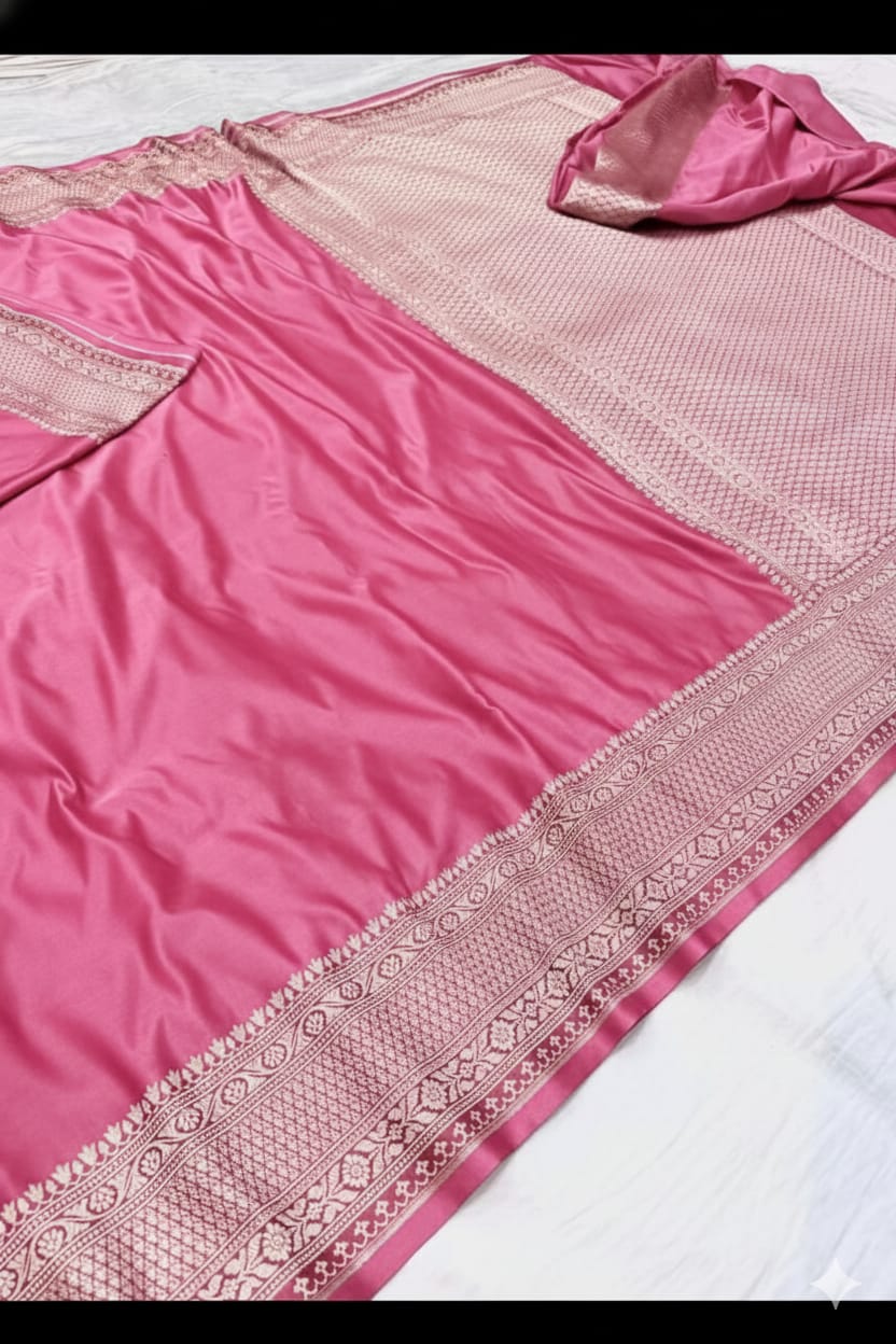 Deep Pink Mashru Katan Silk Zari Border Anchal Plain Body Saree