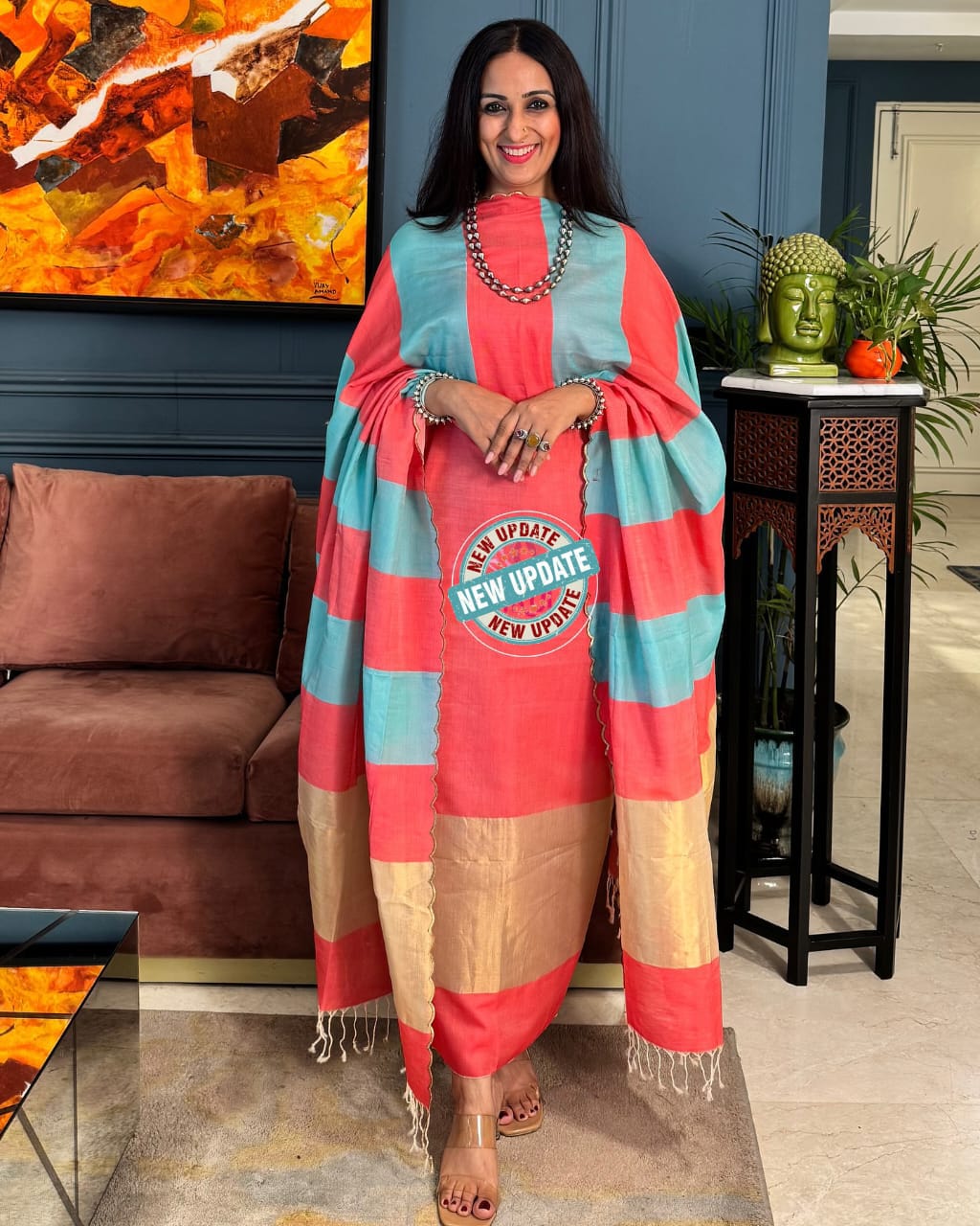 Rani Pink & Firozi Contrast with Zari Banarasi Cotton Silk 3 Piece Suit