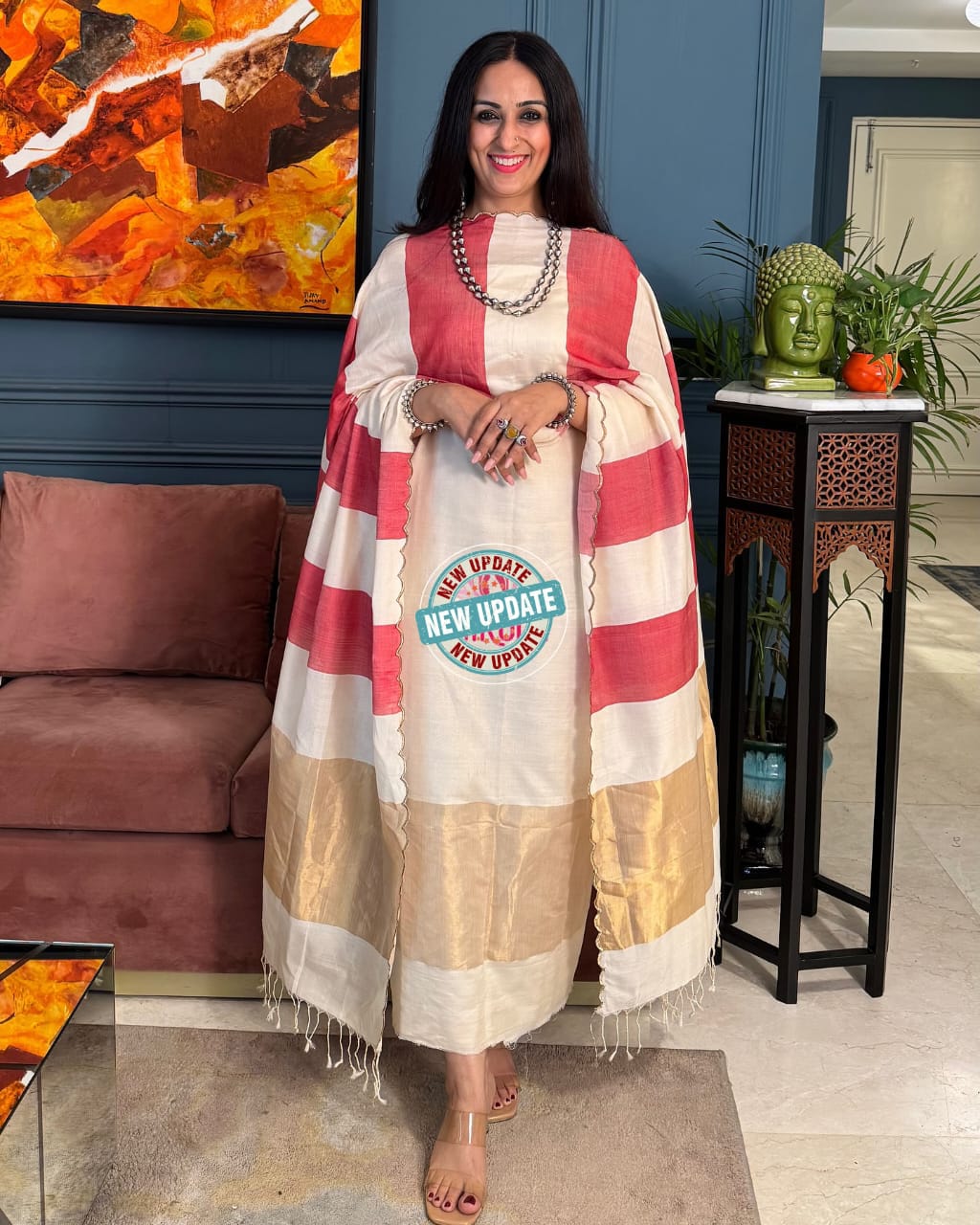 Cream & Red Contrast with Zari Banarasi Cotton Silk 3 Piece Suit