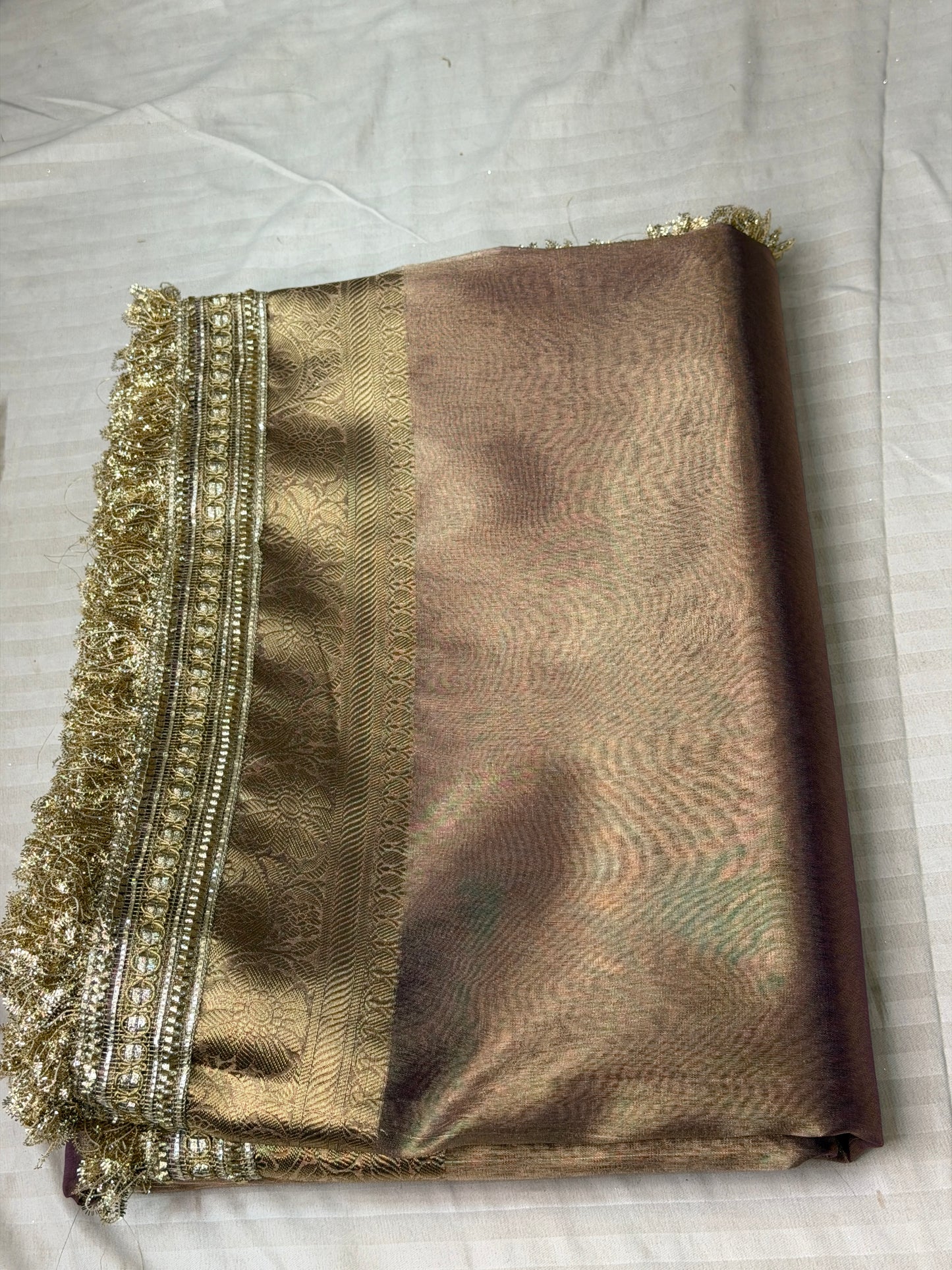 Copper Banarasi Tissue Silk Saree with Fancy Lace