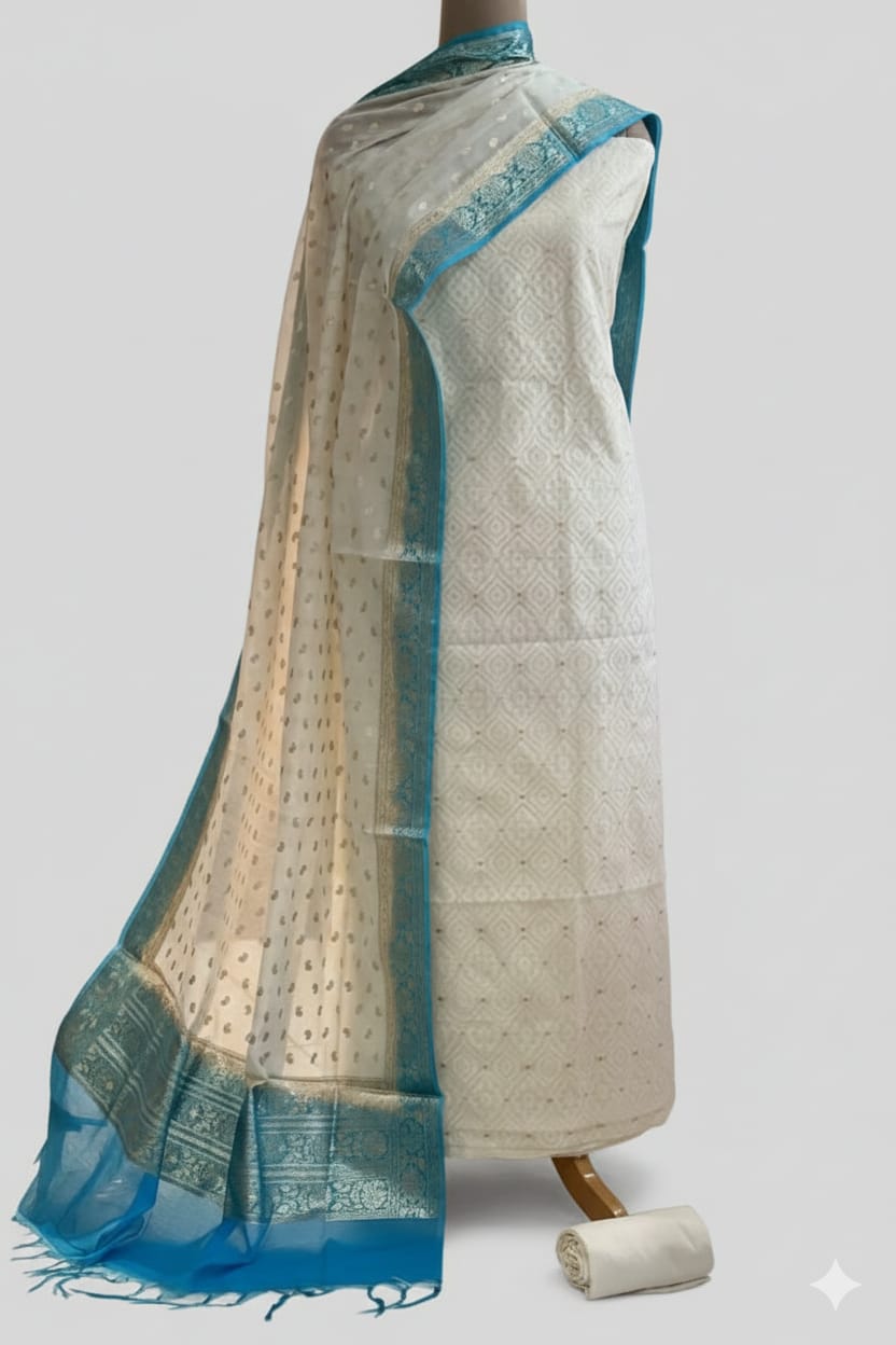 Firozi & White Fancy Cotton Silk 3 Piece Suit