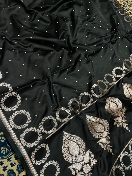 Black Premium Banarasi Mashru Katan Circle Border Dot Booti Saree