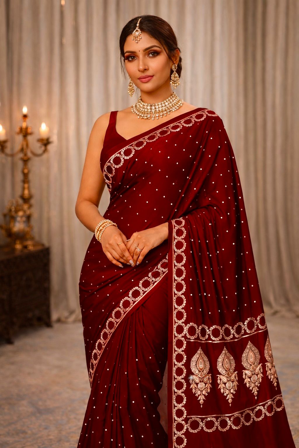 Maroon Premium Banarasi Mashru Katan Circle Border Dot Booti Saree