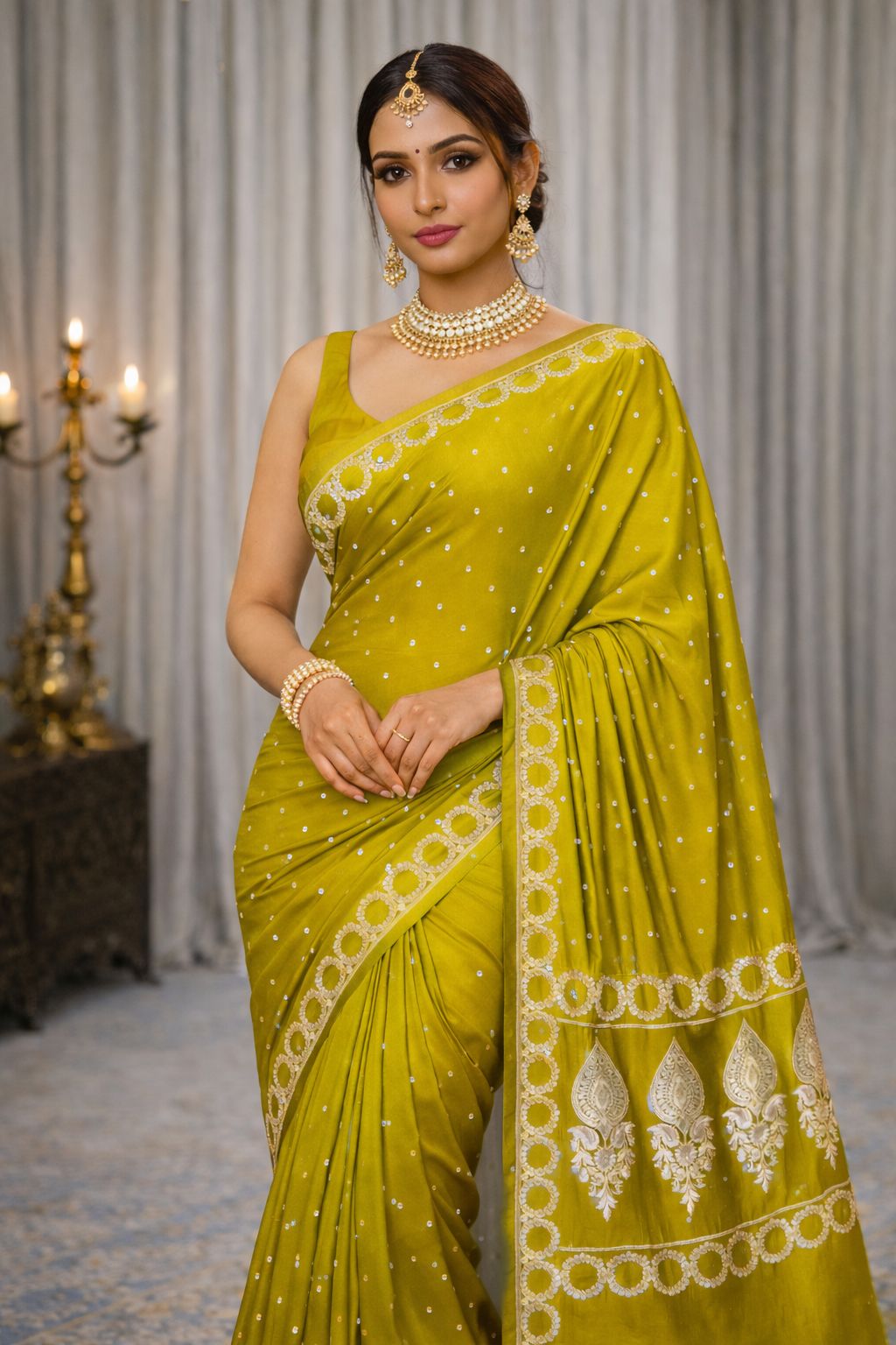 Dhani Premium Banarasi Mashru Katan Circle Border Dot Booti Saree