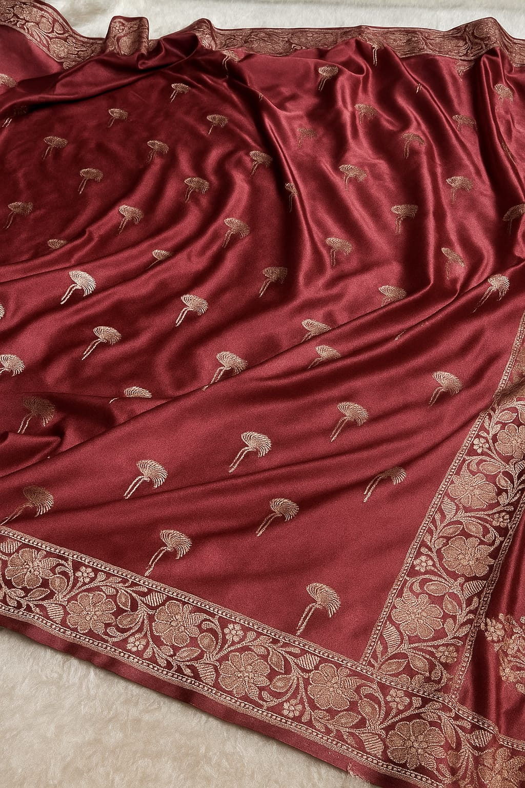 Maroon Mashru Katan Designer Buti Saree Lite Wait