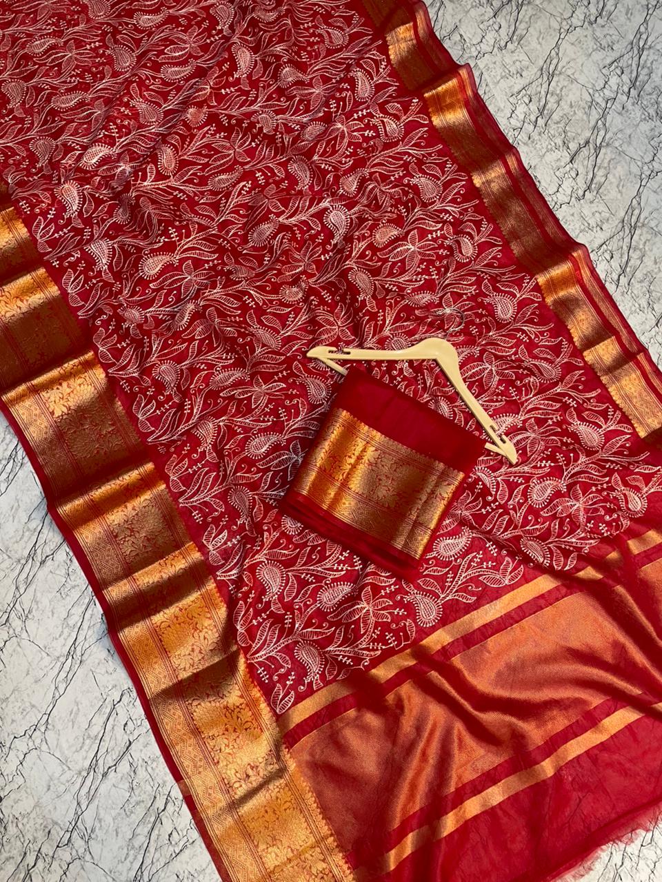 Red Banarasi Kora Silk Embroidery saree