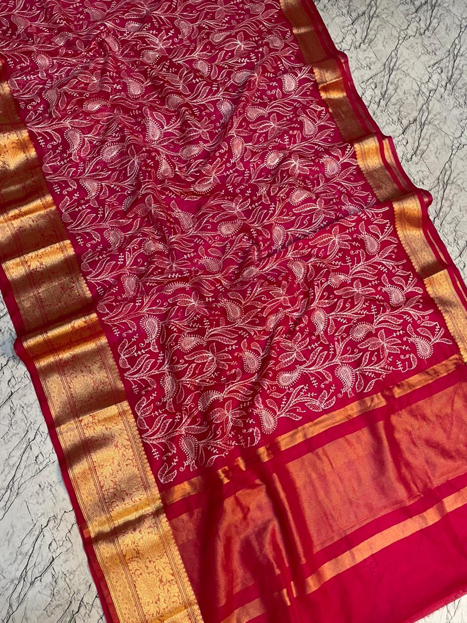 Rani Banarasi Kora Silk Embroidery saree