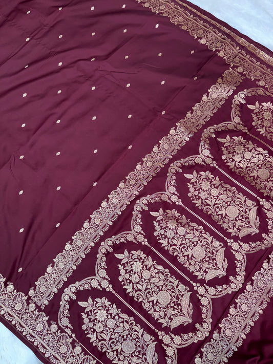 Premium Brown Banarasi Mashru Katan Saree with Rose Gold Zari