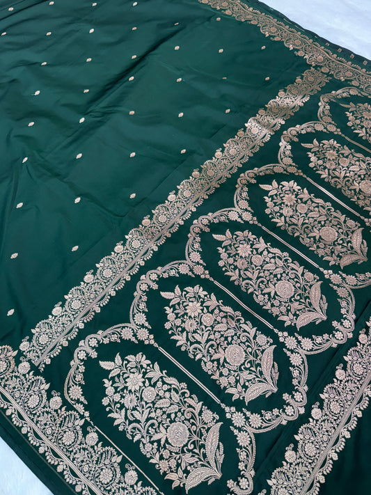 Premium Dark Green Banarasi Mashru Katan Saree with Rose Gold Zari