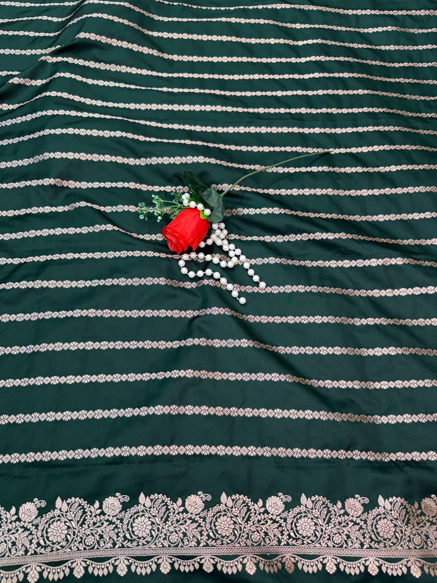 Premium Dark Green Banarasi Mashru Katan Saree with Rose Gold Zari