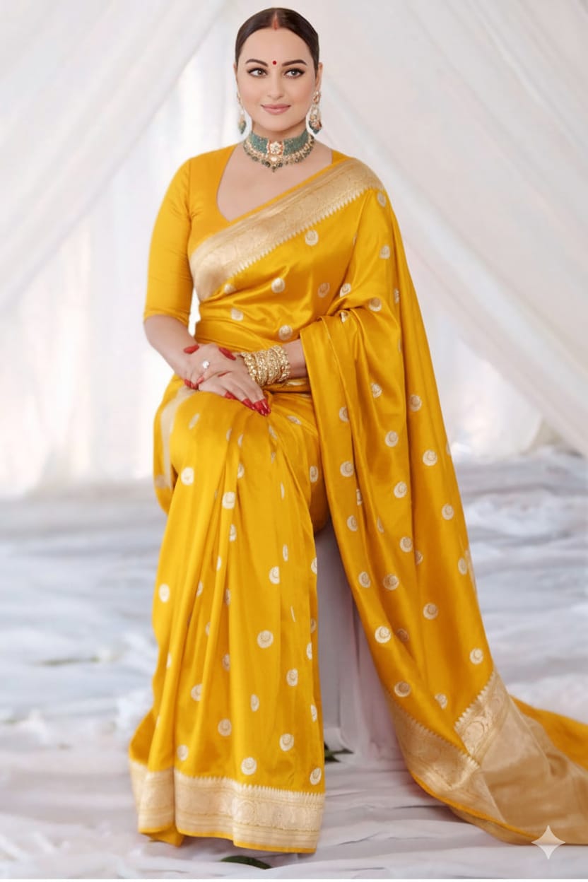 Yellow Mashru Katan Chand Tara Design Saree