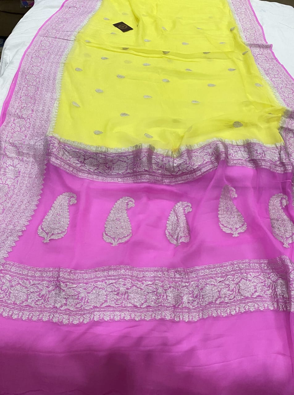 Lavender & Yellow Contrast Pure Khaddi Chiffon Kadhua with Silver Zari Saree