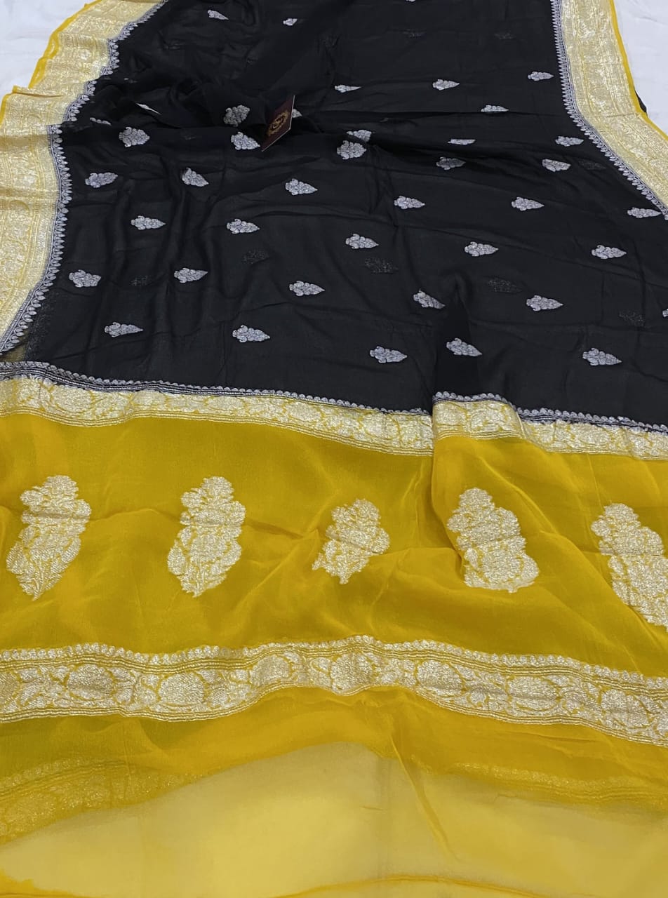 Yellow & Black Contrast Pure Khaddi Chiffon Kadhua with Silver Zari Saree