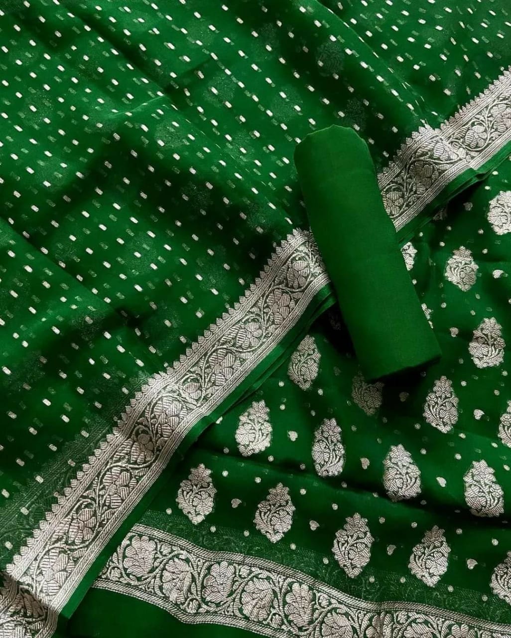 Green Pure Khaddi Chiffon 3 Piece Suit with Silver Zari