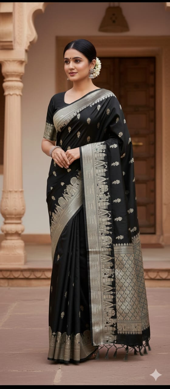 Black Semi Katan Silk Ghar Banarasi Saree
