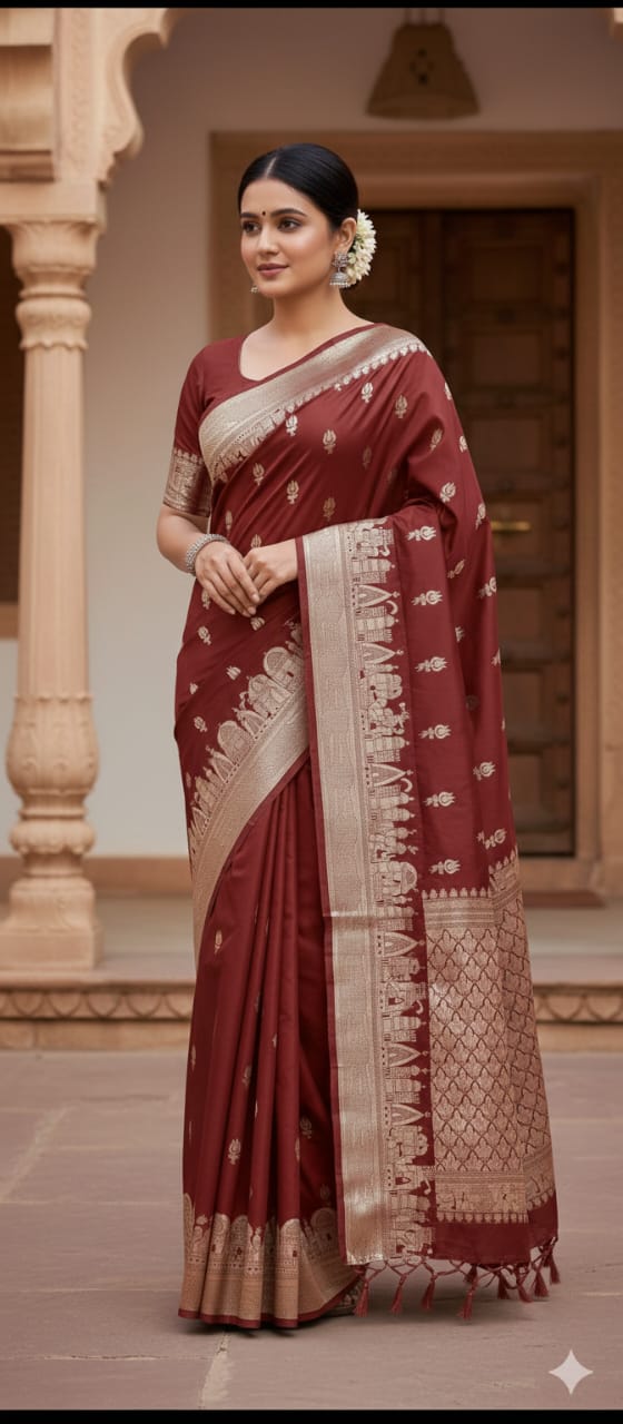 Rust Semi Katan Silk Ghar Banarasi Saree