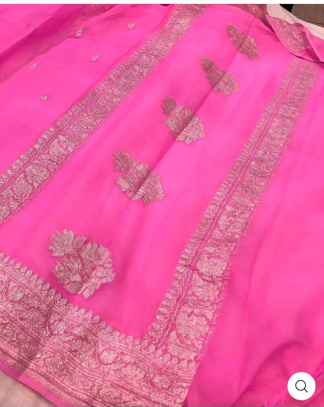 Rani Pink Pure Khaddi Chifon Kadhua with Silver Zari Saree
