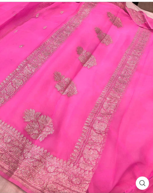 Rani Pink Pure Khaddi Chifon Kadhua with Silver Zari Saree