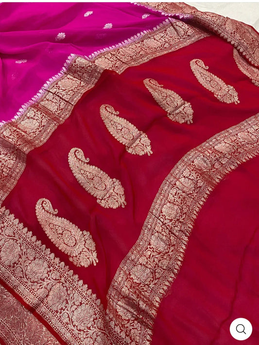 Red & Magenta Contrast Pure Khaddi Chiffon Kadhua with Silver Zari Saree