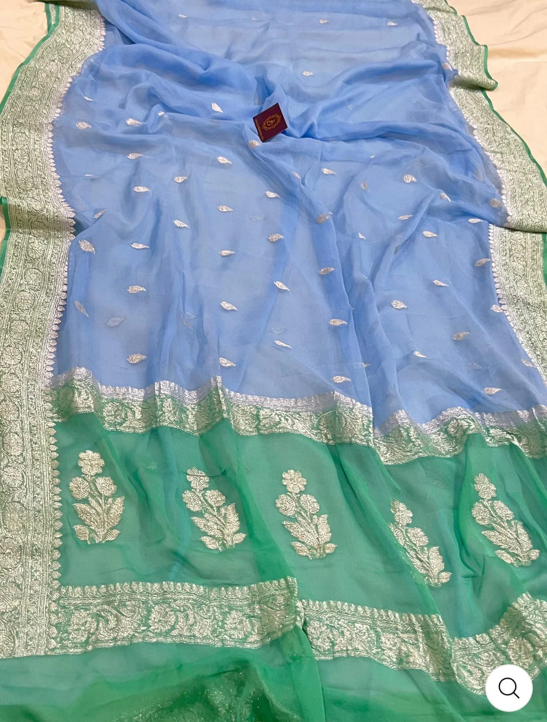 Sea Green & Sky Blue Contrast Pure Khaddi Chiffon Kadhua with Silver Zari Saree