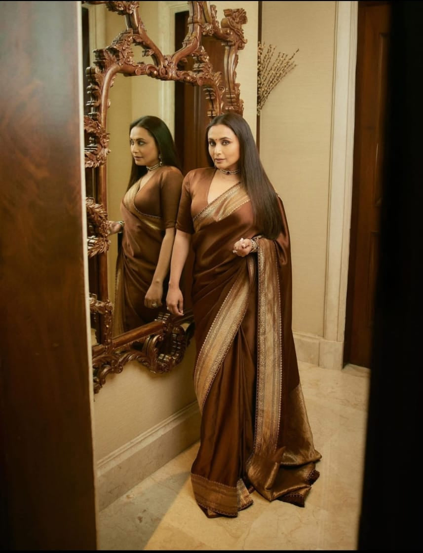 Premium mashru katan silk rani mukharji inspired coffee color saree price