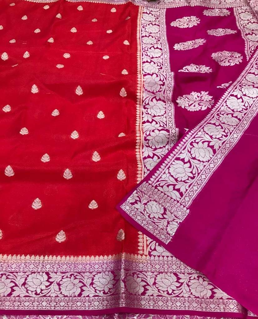 Semi Georgette Contrast Shade Kadua Pattern Buti Saree – Red & Magenta Pink