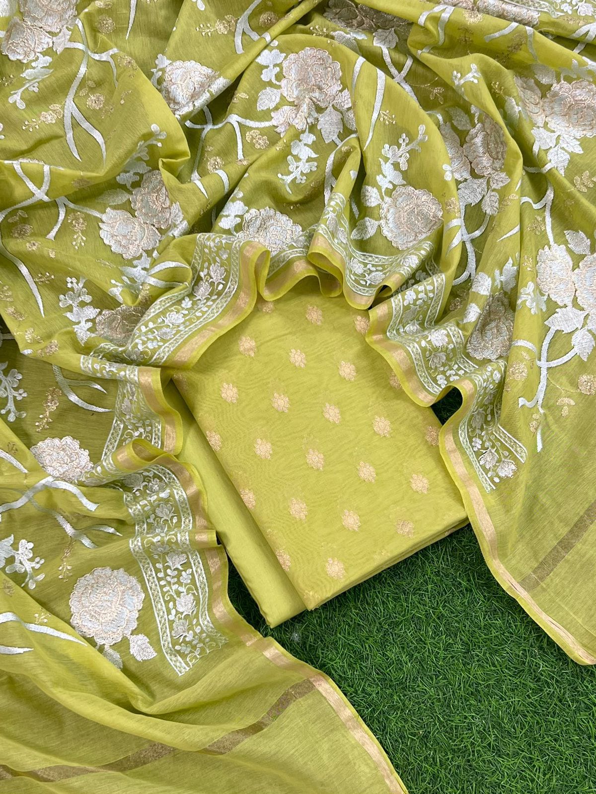 Lime Green Banarasi Unstitched Salwar Kameez with Dupatta