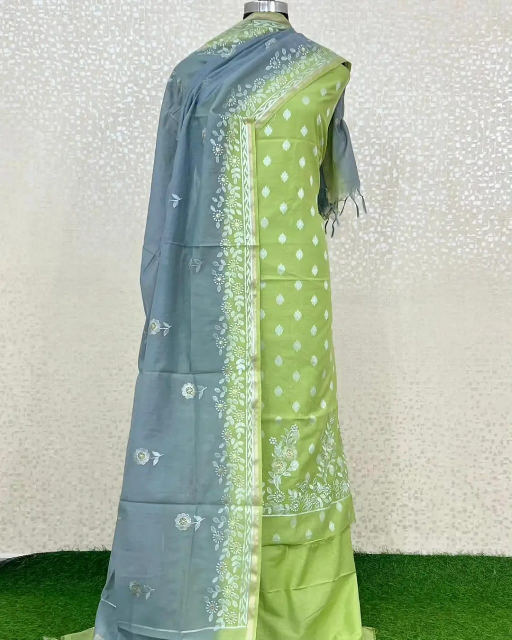 Exclusive Green-Grey Banarasi Unstitched Salwar Kameez with Dupatta