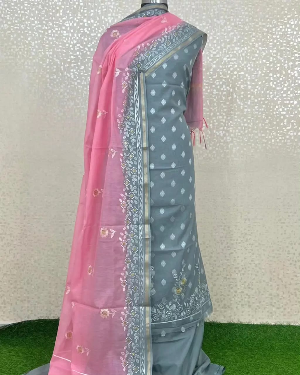 Exclusive Pink-Grey Banarasi Unstitched Salwar Kameez with Dupatta