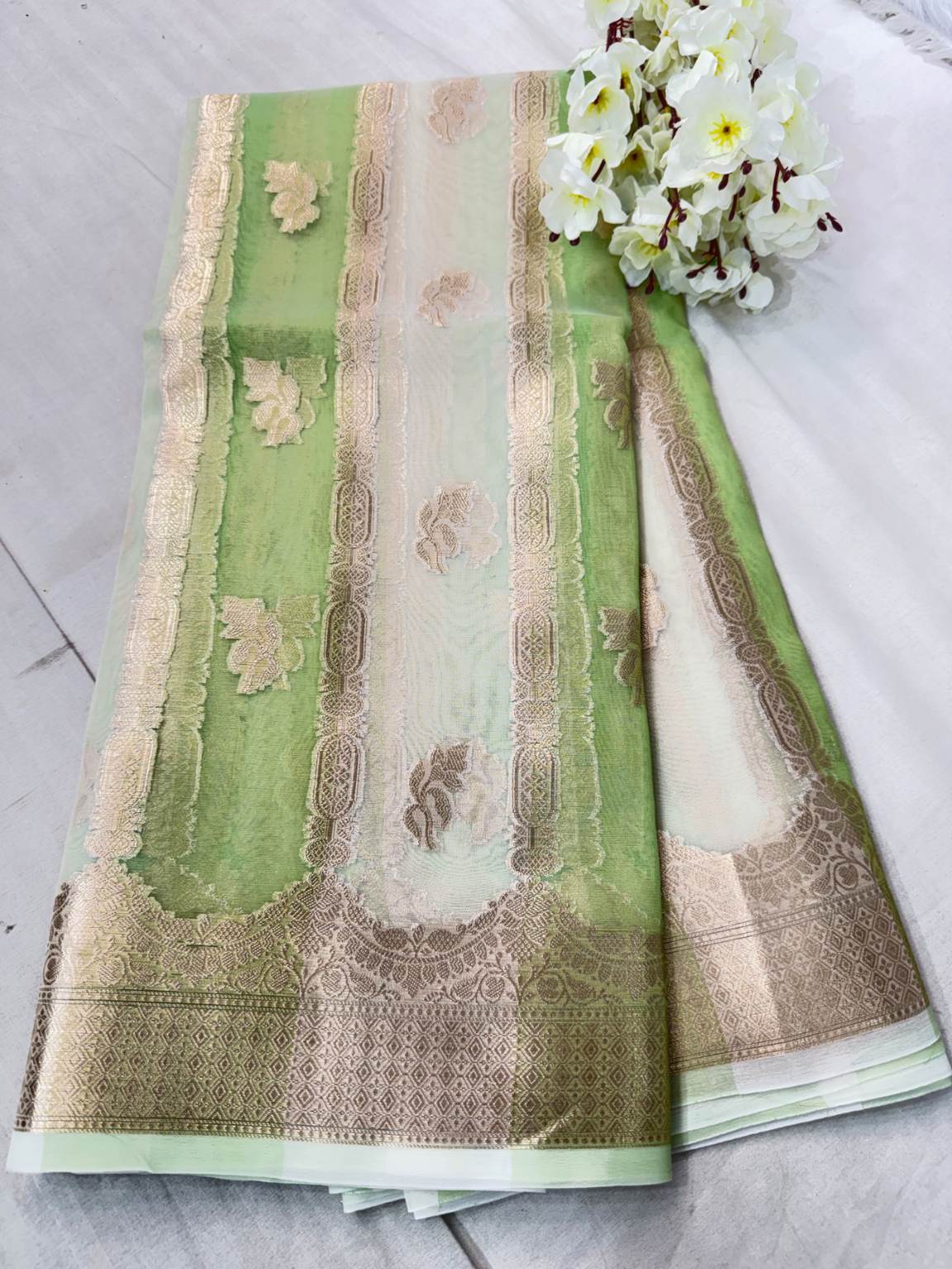 Green Banarasi Kora Silk Rangkat Saree