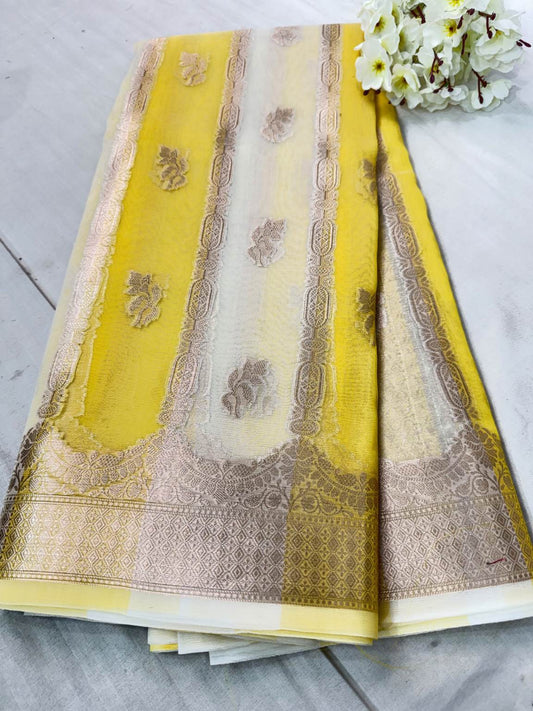 Yellow Banarasi Kora Silk Rangkat Saree