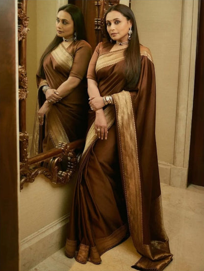 Premium mashru katan silk rani mukharji inspired coffee color saree price