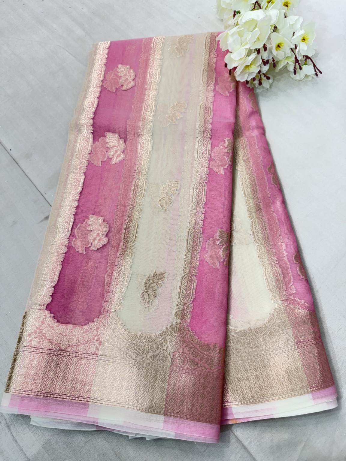 Pink Banarasi Kora Silk Rangkat Saree