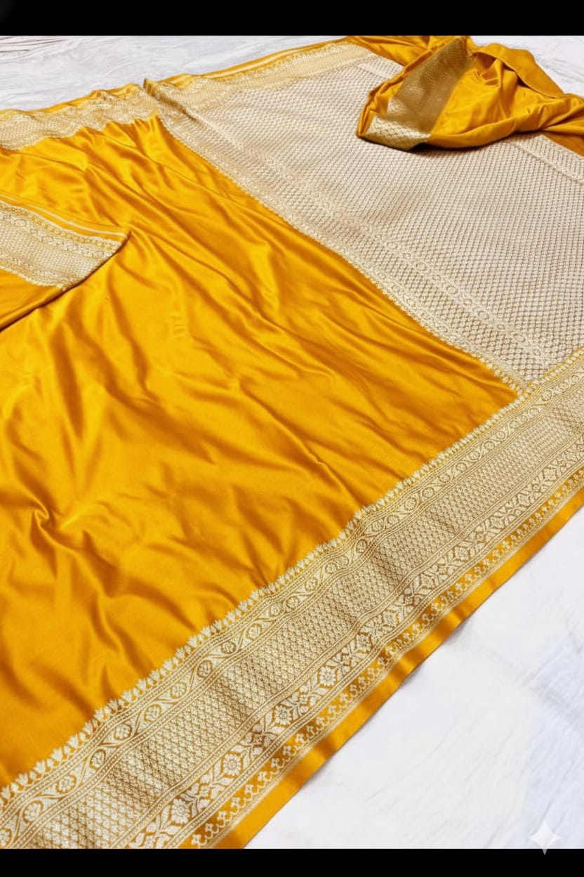 Yellow Mashru Katan Silk Zari Border Anchal Plain Body Saree