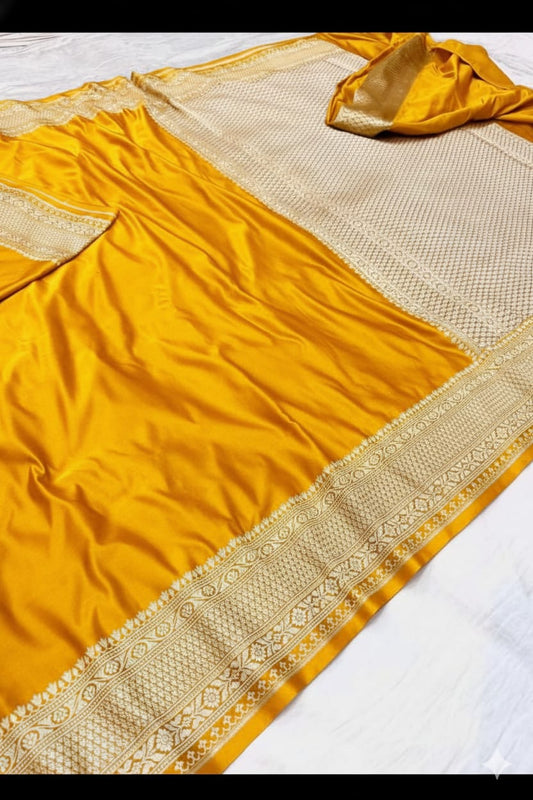 Yellow Mashru Katan Silk Zari Border Anchal Plain Body Saree