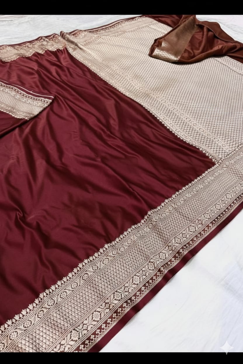 Garnet Mashru Katan Silk Zari Border Anchal Plain Body Saree