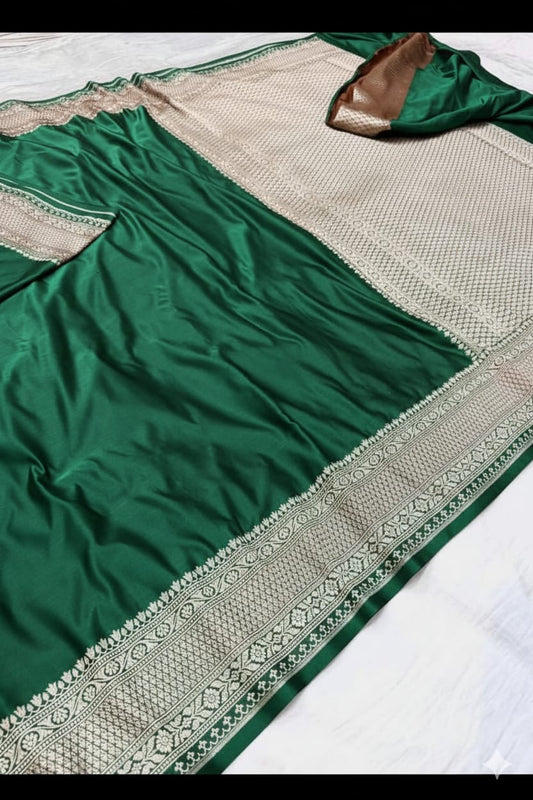 Green Mashru Katan Silk Zari Border Anchal Plain Body Saree