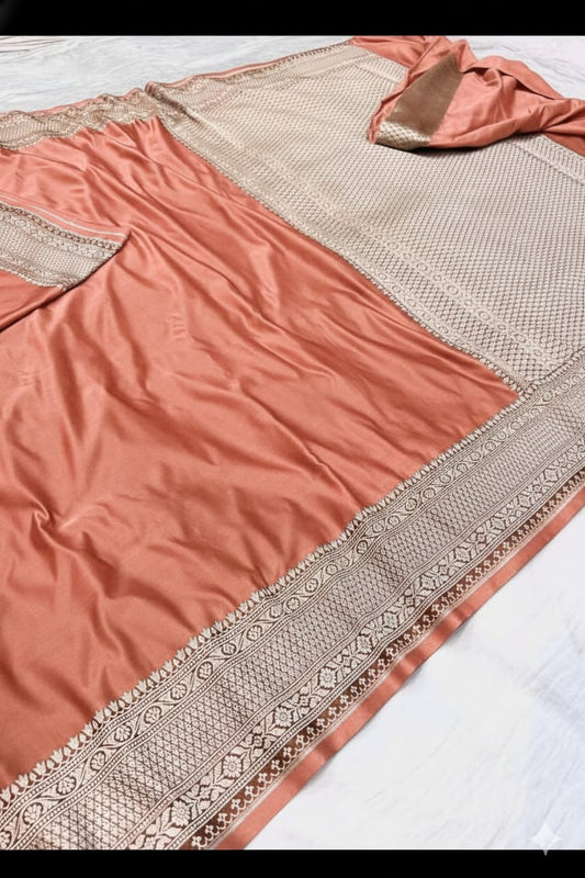 Peach Mashru Katan Silk Zari Border Anchal Plain Body Saree