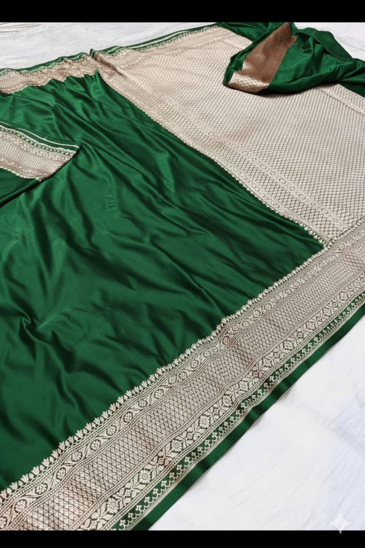 Bottle Green Mashru Katan Silk Zari Border Anchal Plain Body Saree