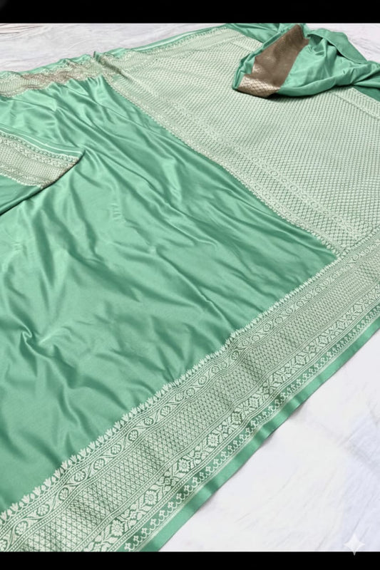 Sea Green Mashru Katan Silk Zari Border Anchal Plain Body Saree
