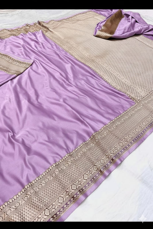 Lavender Mashru Katan Silk Zari Border Anchal Plain Body Saree
