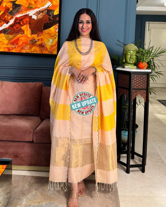 Beige & Yellow Contrast with Zari Banarasi Cotton Silk 3 Piece Suit