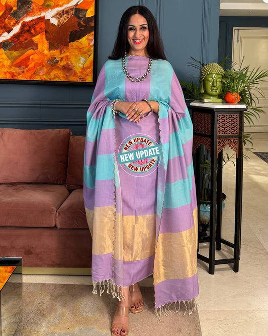 Lavender & Firozi Contrast with Zari Banarasi Cotton Silk 3 Piece Suit