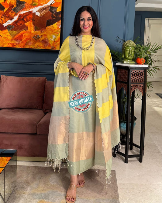 Grey & Yellow Contrast with Zari Banarasi Cotton Silk 3 Piece Suit