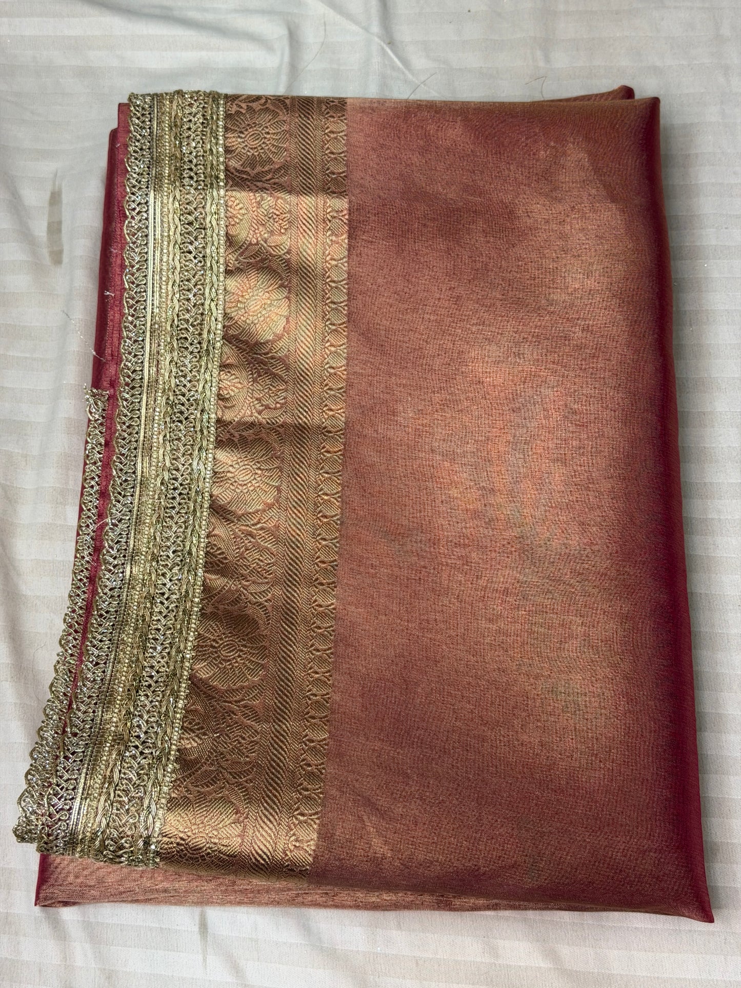 Redish Copper Banarasi Tissue Silk Saree with Fancy Lace