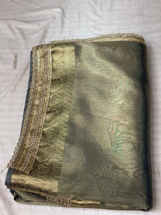 Lite Grey Banarasi Tissue Silk Saree with Fancy Lace