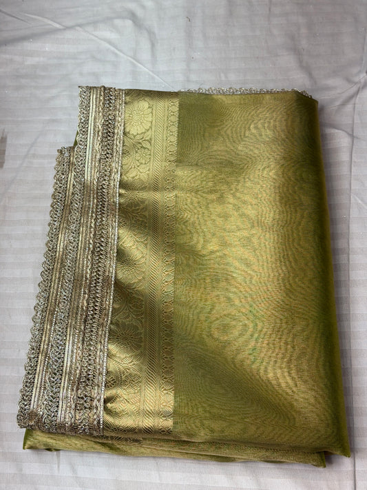 Lite Green Banarasi Tissue Silk Saree with Fancy Lace