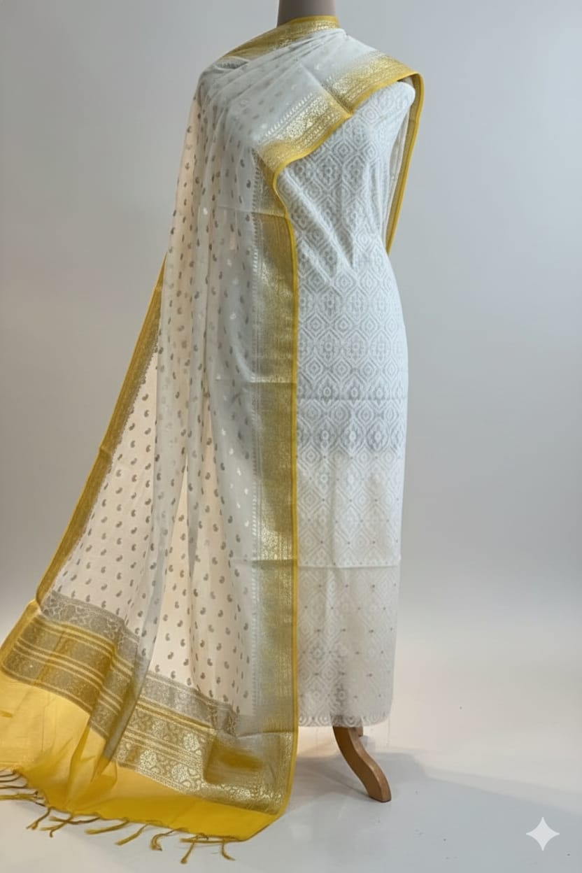 Yellow & White Fancy Cotton Silk 3 Piece Suit